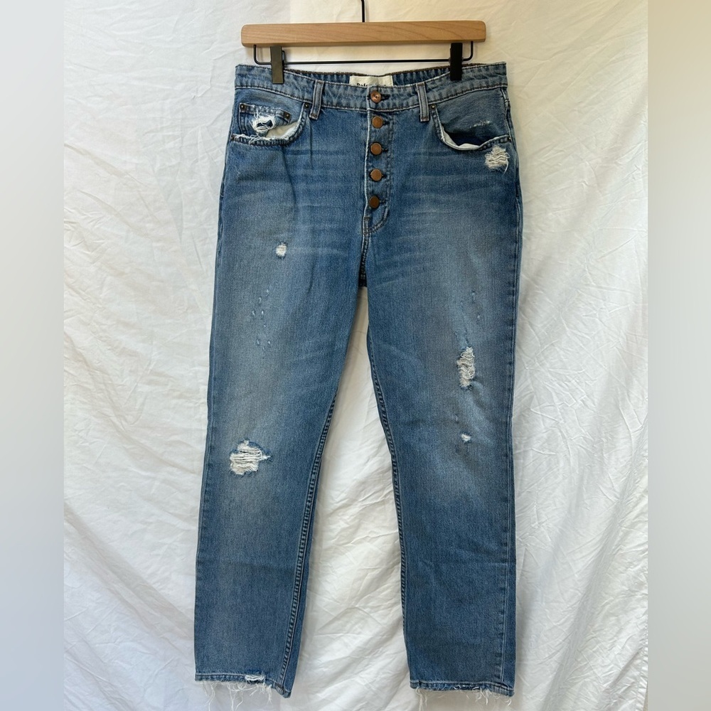 Reformation Blue Straight Leg Jeans with Distressed Details